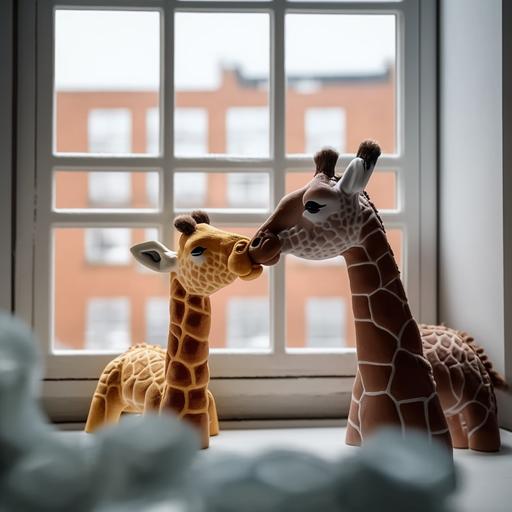 Two miniature giraffe toys kissing in a bright 90s style empty room near a window, 8k colored, ultra wide shot, large focal length, incredibly detailed, hyperrealism, realistic lighting, sharpen, photo realistic, film grain, Leica Summicron