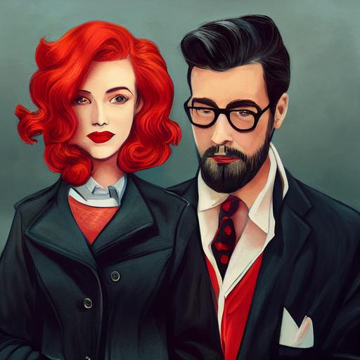 Two murder mystery detectives. Short woman with red marilyn hair wearing a red sweater and a black motorcycle jacket. She has red lipstick. She is facing a handsome man in a suit with dark brown hair, a short dark beard, and black rimmed square glasses. --test --creative --upbeta
