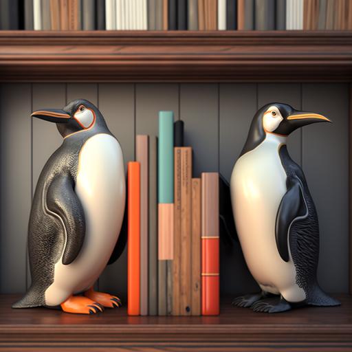 Two penguin statues holding up books on a bookshelf realistic 3d render