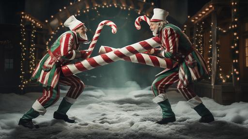 Two people dressed as Elves balancing usingh huge giant candy canes as swords trying to push each other off hyper realistic --ar 16:9
