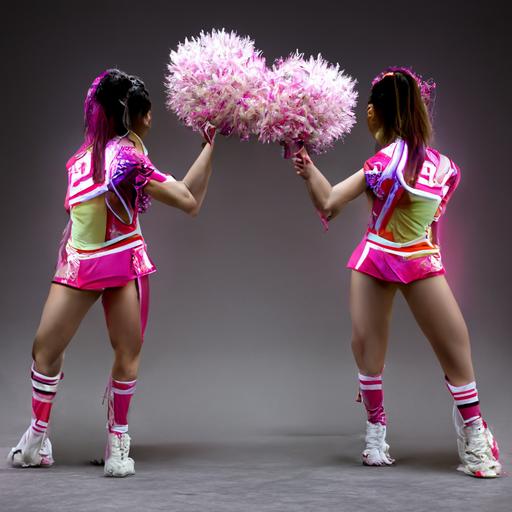 Two pretty Asian female cheerleaders doing the prep stunt, wearing neon-magenta and white cheerleader outfits and pompoms, realistic hair, photo realistic, full body, wide shot