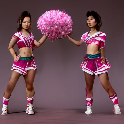 Two pretty Asian female cheerleaders doing the prep stunt, wearing neon-magenta and white cheerleader outfits and pompoms, realistic hair, photo realistic, full body, wide shot