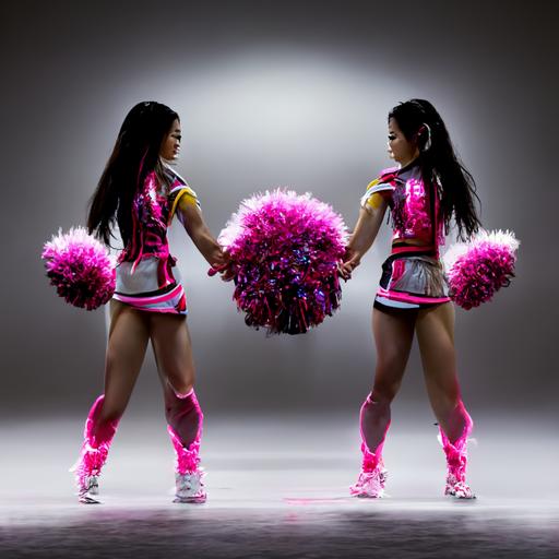 Two pretty Asian female cheerleaders doing the prep stunt, wearing neon-magenta and white cheerleader outfits and pompoms, realistic hair, photo realistic, full body, wide shot