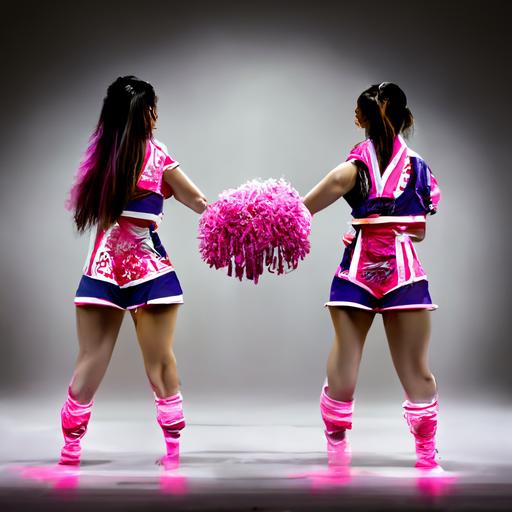 Two pretty Asian female cheerleaders doing the prep stunt, wearing neon-magenta and white cheerleader outfits and pompoms, realistic hair, photo realistic, full body, wide shot