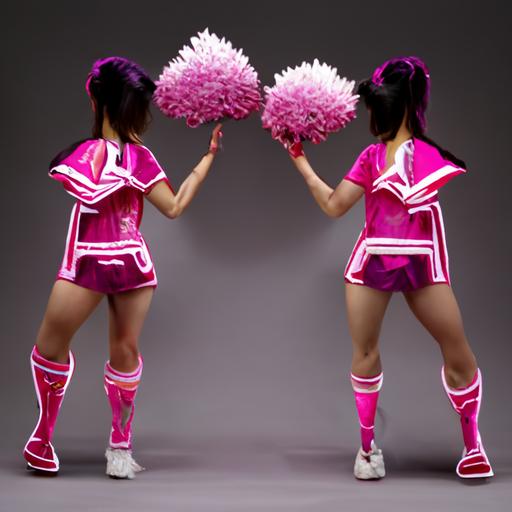 Two pretty Asian female cheerleaders doing the prep stunt, wearing neon-magenta and white cheerleader outfits and pompoms, realistic hair, photo realistic, full body, wide shot --uplight