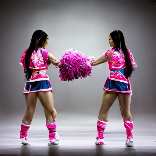 Two pretty Asian female cheerleaders doing the prep stunt, wearing neon-magenta and white cheerleader outfits and pompoms, realistic hair, photo realistic, full body, wide shot