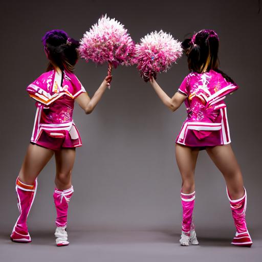 Two pretty Asian female cheerleaders doing the prep stunt, wearing neon-magenta and white cheerleader outfits and pompoms, realistic hair, photo realistic, full body, wide shot