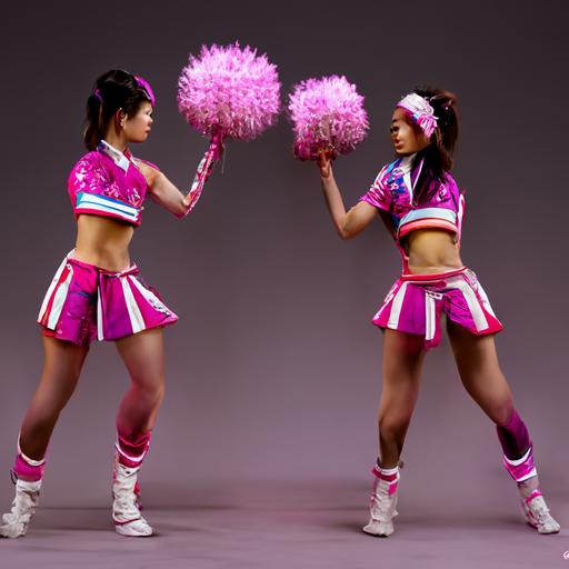 Two pretty Asian female cheerleaders doing the prep stunt, wearing neon-magenta and white cheerleader outfits and pompoms, realistic hair, photo realistic, full body, wide shot