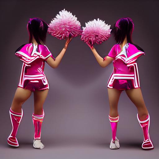 Two pretty Asian female cheerleaders doing the prep stunt, wearing neon-magenta and white cheerleader outfits and pompoms, realistic hair, photo realistic, full body, wide shot --upbeta