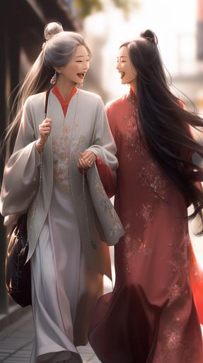 Two skinny old ladies, dressed in traditional Chinese clothing with a confident and cheerful smile, walking on the street with elegant and confident, flowing long hair, --ar 9:16 --niji 5