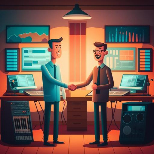 Two very delighted, joyful businessmen shaking hands, cartoon style, facial features detail, foreground, in music studio, with music production tools, artist, professional