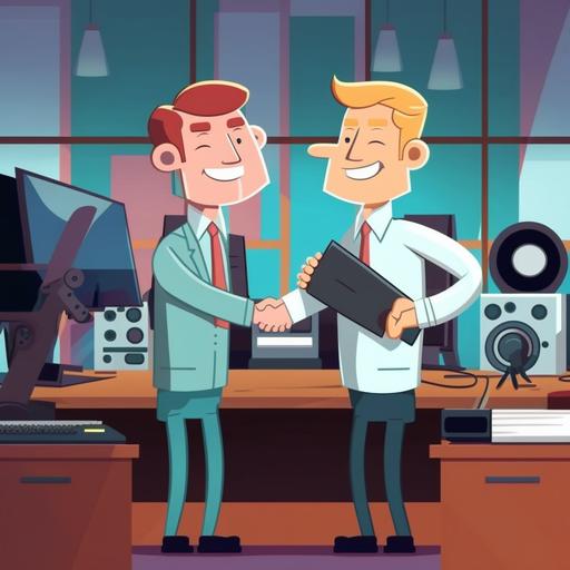 Two very elated, joyful businessmen shaking hands, cartoon style, 4k, foreground, in music studio, with music production tools, artist, professional, colors #00bfa5 #ffa000 #e91e63