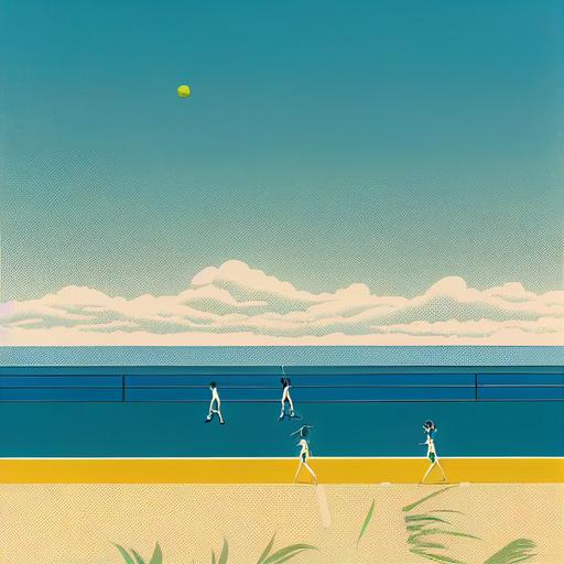 Two women playing tennis by the sea in carlifornia,Palms,Sunny , blue skyes, Posterdesign,hiroshi nagai style,Minimalism --test --creative