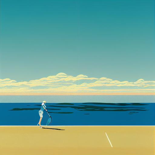 Two women playing tennis by the sea in carlifornia,Palms,Sunny , blue skyes, Posterdesign,hiroshi nagai style,Minimalism --test --creative