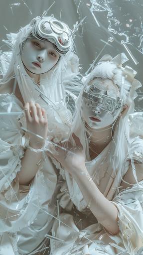 Two women wearing white eye masks made of machinery, with white skin and some parts of their bodies being mechanical. Their arms are transformed into weapons, and they are wearing white kimono. They have long white hair and are Japanese. Glass shards are scattered at their feet, and the lighting is dim, photo realistic, --v 6.0 --ar 9:16