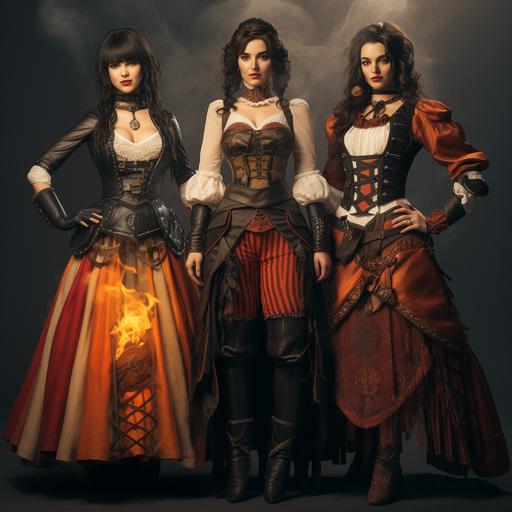 Two women with black hair and one woman with brunette hair wearing bodices and skirts inspired by a blend of traditional Slavic garb and circus costuming. Each woman should be wearing a broad leather belt and leather bracers. All four are weilding fire props. The focus of the image should be the costumes.