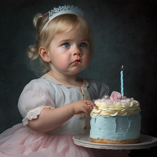 Two years old Disney Princess Cinderella with her cake, pastel colors