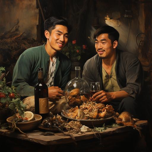 Two young Vietnamese men sat drinking wine with a plate of snails ​ --s 750