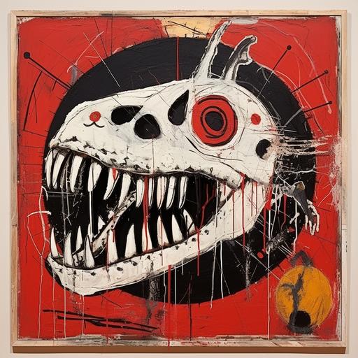 Tyrannosaurus skull by Jean-Michel Basquiat, red and black , in the center with space around