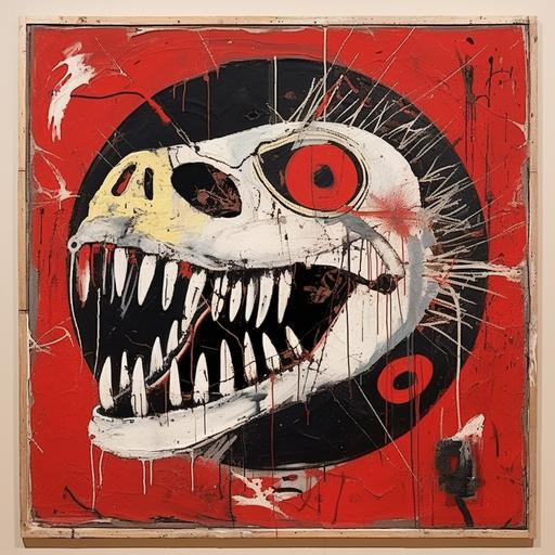 Tyrannosaurus skull by Jean-Michel Basquiat, red and black , in the center with space around