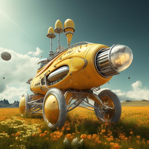 realistic image of a futuristic yellow bicycle with a spacious trunk standing on a field with rockets flying over it