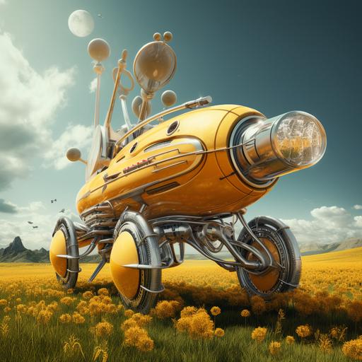 realistic image of a futuristic yellow bicycle with a spacious trunk standing on a field with rockets flying over it