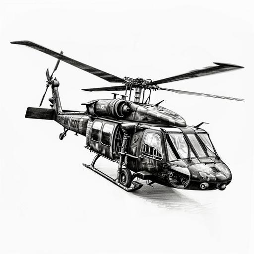 UH 60 Blackhawk helicopter drawing black and white with white background 4k