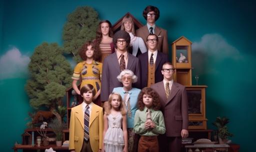 UHD close-up Photo  time-lapse motion blur diorama family photo by Olan Mills and Wes Anderson --ar 5:3