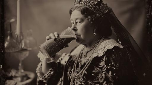 UHD daguerreotype of Queen Victoria chugging a carton of chocolate milk. Messily. --v 6.0 --ar 16:9