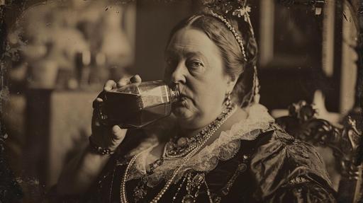 UHD daguerreotype of Queen Victoria chugging a carton of chocolate milk. Messily. --v 6.0 --ar 16:9