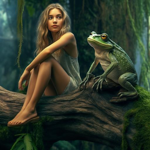 UHD image photograph hyperrealistic beautiful young female tree nymph sitting on mossy log with large green tree frog. background forest.