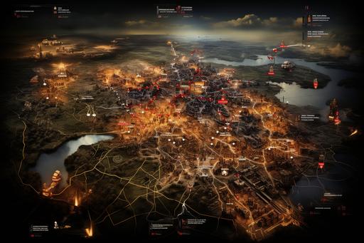 UI of strategic video game, video game map of central europe in 1944, war plains on top of map in 1 plan, few little fires in the citys on the map, tempest clouds wiht lightnings, film grain, depth of field, hyperrealism, cinematic lights, Eastman Kodak Color Negative film 5251 50T shot on panavision super ps, ultra detail --ar 3:2 --s 250
