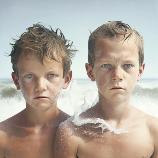 UNCOVERED OPEN SKIN, 2 immature twin brothers at age of 8 years and they see the MASSIVE WAVES and borthers on back side ,UNCOVERED OPEN SKIN,BIRD EYE VIEW,MASSIVE WAVE in ocean of the huge beach on the other side beach and sand BIRD EYE VIEW, MASSIVE WAVE in ocean, UNCOVERED OPEN SKIN, UNCOVE]RED OPEN SKIN, hyper realistic photorealistic, super clear photo,realstic