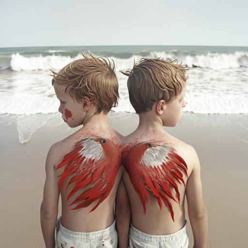 UNCOVERED OPEN SKIN, 2 immature twin brothers at age of 8 years and they see the MASSIVE WAVES and borthers on back side ,UNCOVERED OPEN SKIN,BIRD EYE VIEW,MASSIVE WAVE in ocean of the huge beach on the other side beach and sand BIRD EYE VIEW, MASSIVE WAVE in ocean, UNCOVERED OPEN SKIN, UNCOVE]RED OPEN SKIN, hyper realistic photorealistic, super clear photo,realstic
