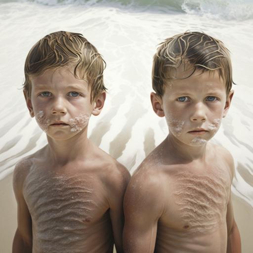 UNCOVERED OPEN SKIN, 2 immature twin brothers at age of 8 years and they see the MASSIVE WAVES ,UNCOVERED OPEN SKIN,BIRD EYE VIEW,MASSIVE WAVE in ocean of the huge beach on the other side beach and sand BIRD EYE VIEW, MASSIVE WAVE in ocean, UNCOVERED OPEN SKIN, UNCOVE]RED OPEN SKIN, hyper realistic photorealistic, super clear photo,realstic