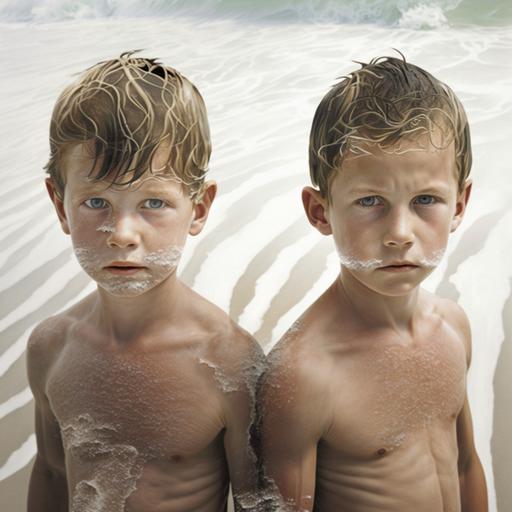 UNCOVERED OPEN SKIN, 2 immature twin brothers at age of 8 years and they see the MASSIVE WAVES ,UNCOVERED OPEN SKIN,BIRD EYE VIEW,MASSIVE WAVE in ocean of the huge beach on the other side beach and sand BIRD EYE VIEW, MASSIVE WAVE in ocean, UNCOVERED OPEN SKIN, UNCOVE]RED OPEN SKIN, hyper realistic photorealistic, super clear photo,realstic