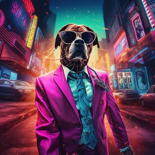Uber realistic dog in a pimp suit and sunglasses walking down the street with a funky neon backdrop