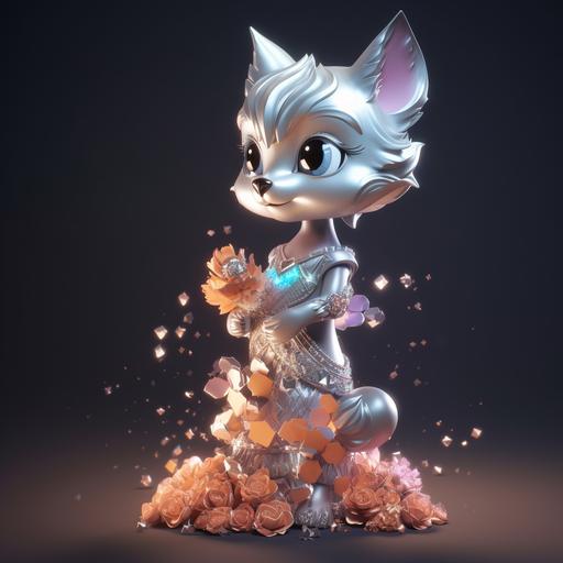 A cute assistant female fox robot wearing a silver evening dress, whole body, wearing flowers, the stars shine, vivid color, 8k, v 4 --q 2 --ar 1:1