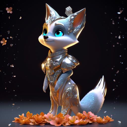 A cute assistant female fox robot wearing a silver evening dress, whole body, wearing flowers, the stars shine, vivid color, 8k, v 4 --q 2 --ar 1:1