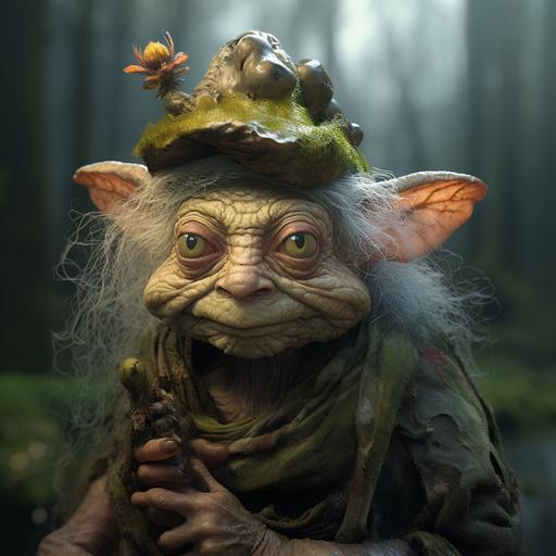 Ui/ux, realistic fantasy wrinkled old gnome woman, with a large head and big eyes, dressed in moss and lichen and wearing an acorn, riding a fantasy animal with the head of a mouse and the body of a lizard, ux/ui