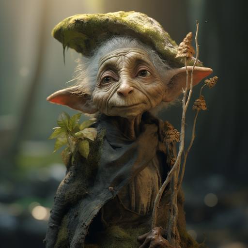 Ui/ux, realistic fantasy wrinkled old gnome woman, with a large head and big eyes, dressed in moss and lichen and wearing an acorn, riding a fantasy animal with the head of a mouse and the body of a lizard, ux/ui