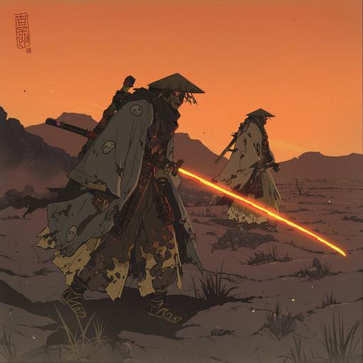 Ukiyo-e print of two Samurai brother's traversing a desolate, alien landscape, golden-glowing katana drawn. The traditional Samurai armour is contrasting with a futuristic setting, causing it to glow in a red neon-coloured manner. Each Samurai wears a cape with a skull drawn onto it --s 250 --niji 6