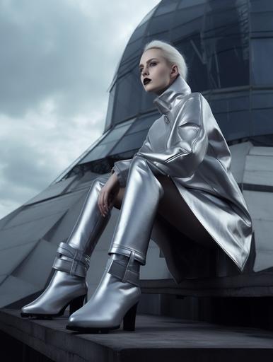 Ultra HD! Editorial, Putin, female model, chrome-plated, structured clothing, thick-soled shoes, ISO 400, surrealism, 8K, full-frame, landscape, architecture, gloves. --ar 3:4 --v 5