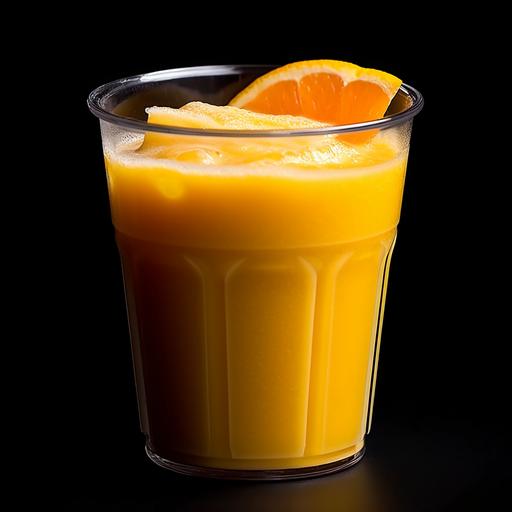 Ultra Realistic Food Photography Cold Pressed Orange Juice With Pulp In Cafe Style Clear Plastic Cup On dark black Background Professional Donna Hay Style Food Photography Low Angle 45° Highly Detailed Glossy Juicy And Delicious Photorealistic Ultra HD Very complex, very detailed, --chaos 10 --s 500 --q 2 --v 5.1