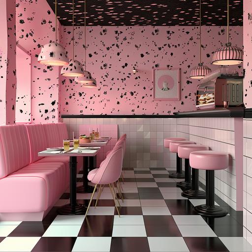 Ultra Realistic Photo of chic retro Fast pace burger spot, retro modern diner vibe, different shades of pink with black contrast. checkered floor / paper for plating. Barbie takes on burger feel