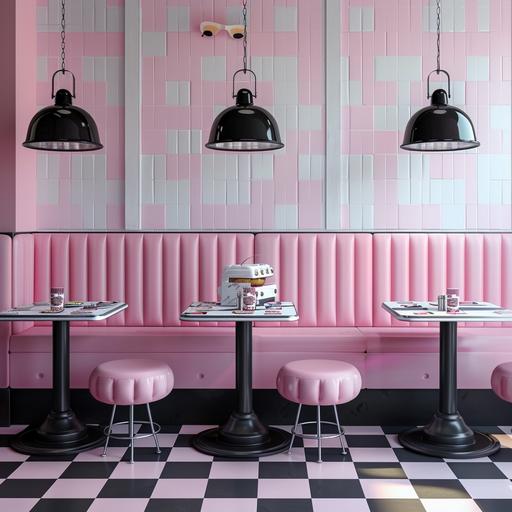 Ultra Realistic Photo of chic retro Fast pace burger spot, retro modern diner vibe, different shades of pink with black contrast. checkered floor / paper for plating. Barbie takes on burger feel