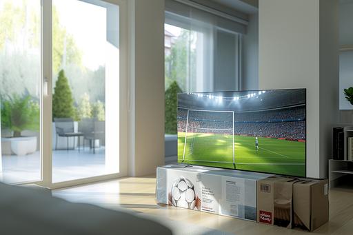 Ultra-high-definition image of a living room with a open TV packaging. In the foreground, a turned-on television stands out, displaying an animation of a football match on the screen. Next to the television is the open packaging of the TV itself. The image features a clear and white background, providing a sense of brightness and spaciousness. 8k --ar 3:2 --v 6.0