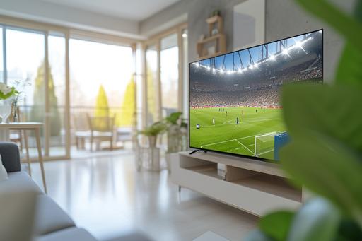 Ultra-high-definition image of a living room with a TV packaging. In the foreground, a turned-on television stands out, displaying an animation of a football match on the screen. Next to the television is the open packaging of the TV itself. In the background, a naturally lit white residential room creates a cozy atmosphere. The image features a clear and white background, providing a sense of brightness and spaciousness. 8k --ar 3:2 --v 6.0