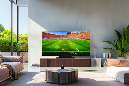 Ultra-high-definition image of a living room with a open TV packaging. In the foreground, a turned-on television stands out, displaying an animation of a football match on the screen. Next to the television is the open packaging of the TV itself. The image features a clear and white background, providing a sense of brightness and spaciousness. 8k --ar 3:2 --v 6.0