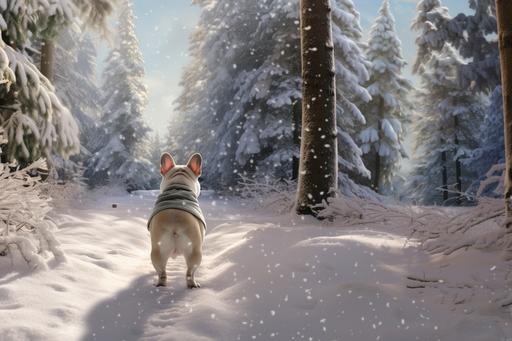 Ultra realistic - winter scene forest path on a walk with an all blonde / cream French bulldog no tail wearing a sage green winter scarf ahead in the far distance, facing away from the view. Lots of snow, pines, winter. ultra realistic, photo realistic.